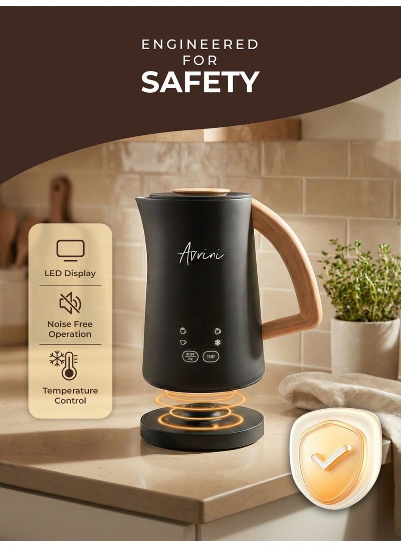 افريني جهاز أفْريني 4 في 1 لتسخين وتبخير الحليب الكهربائي، مزوّد بمقبض خشبي وشاشة LCD، مصنوع من الفولاذ المقاوم للصدأ، جهاز أوتوماتيكي لصنع الرغوة الساخنة والباردة وتسخين الحليب للاتيه والكابتشينو والماكياتو، 500 واط، باللون الأسود - Image 3